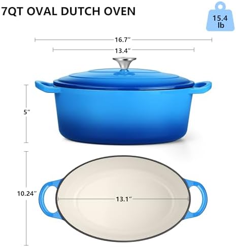TeamFar 7QT Oval Dutch Oven, Enameled Cast Iron Dutch Oven Pot with Lid