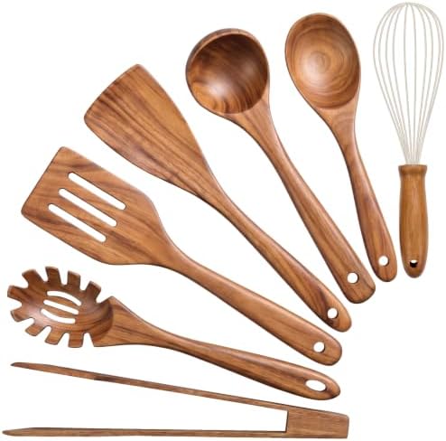 AIUHI Nonstick Wooden Utensil Set for Cooking, Handmade Smooth Finish Teak Wood Spoons Spatula Turner for Cooking and Kitchen Gifts (7Pcs)