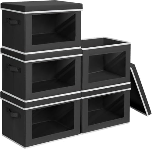 Homsorout Stackable Storage Bins with Lids - Large Decorative Basket with Lids, Fabric Foldable Closet Organizer Bins, Shelf Organizer for Living Room, Dorm, 5 Pack, Black