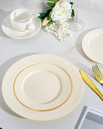 Goodluck 200 PCS Ivory Plastic Plates, Heavy Duty Disposable Ivory Plates with 100 10.25 inch Dinner Plates and 100 7.5 inch Dessert Plates for Party, Holiday, Wedding