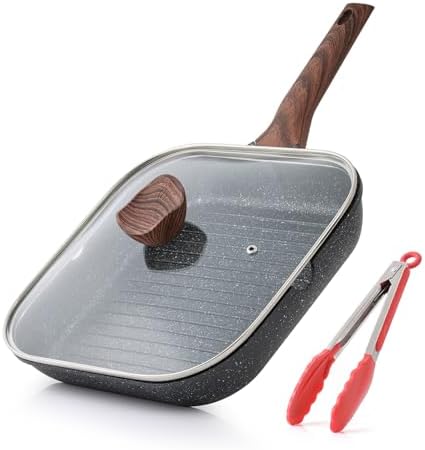 Kordisen Nonstick Grilling Pan with Lid for Stove Tops, 11 Inch Square Grill Pan for Indoor Cooking, Granite Coating Grill Skillet with Pour Spouts, Versatile Griddle, Induction Steak Pan, PFOA Free