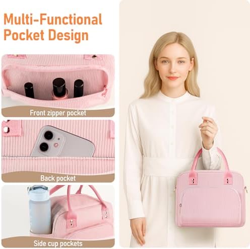 Lunch Bag Large Insulated Lunch Box for Women Men Adult Cute Pink Lunchbox Corduroy Lunch Bags Boxes Pail with Adjustable Shoulder Strap for Work Mom Picnic Office Travel 11.4×6.8×9.1 inches 11.5L
