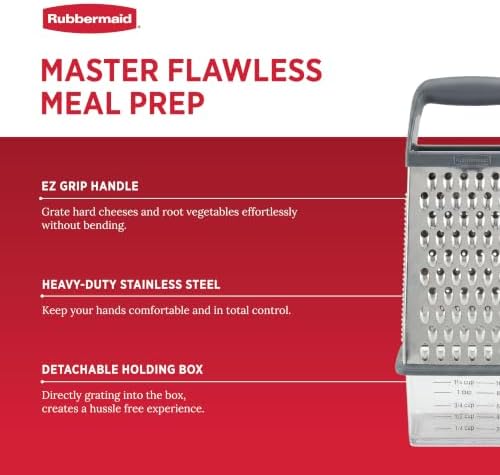 Rubbermaid EZ Grip Box Grater, Stainless Steel Cheese Grater & Container - BPA Free Multi-Surface Cheese Shredder & Food Grater Silver Blue | Graters for Kitchen -Non-Slip Base, Dishwasher Safe
