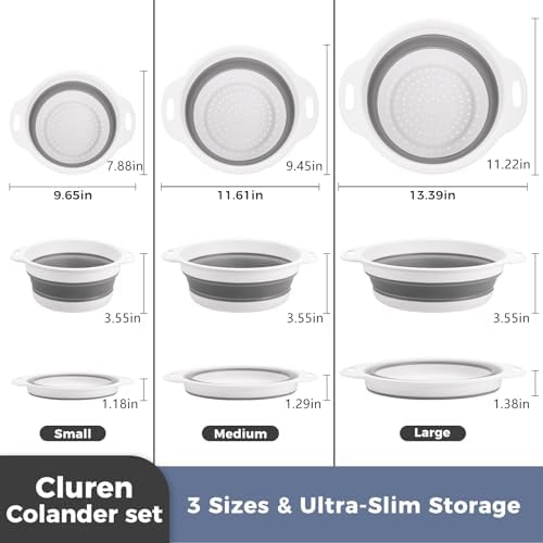 Collapsible Colander Set with Oversized Draining Tray | 3-Pack Foldable Kitchen Strainers + Base | Space Saving for Pasta, Veggies, Fruit & Rice | 5 Colors (Gray-White)
