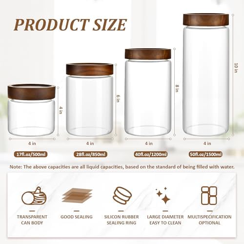 50 fl oz/1500 ml Clear Glass Storage Canister with Airtight Wooden Screw Lid, Large Tall Cute Decorative Glass Food Container Jar for Coffee, Candy, Cereal, Cookie, Pasta, Flour, Juices