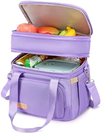 MAPLELILY Lunch Box for Men Women - Double Deck Insulated Lunch Bag, Large Leak Proof Tote Cooler, Wide Open Dual Compartment Lunch Bags with Shoulder Strap, For Work Picnic Hiking Beach, Purple