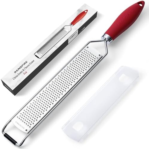 Rainspire Zester Grater with Handle, Lemon Zester Cheese Grater for Kitchen Stainless Steel, Parmesan Cheese Garlic Nutmeg Chocolate Fruits Vegetables Ginger Grater, Fine, Red