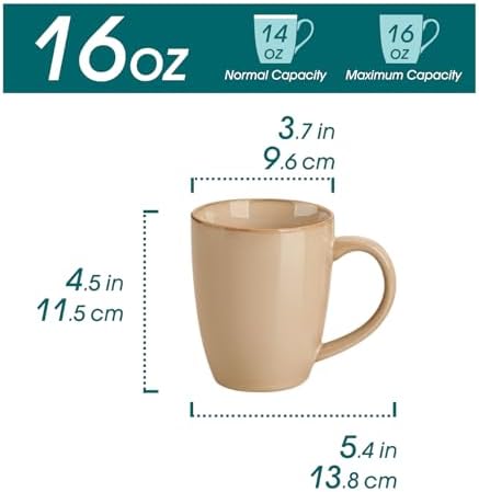 vancasso PLAYA Ceramic Coffee Mug Set of 6, 16 Oz Tea Cups with Handle for Latte, Tea, Cappuccino, Milk, Cocoa, Microwave&Dishwasher Safe, Brown
