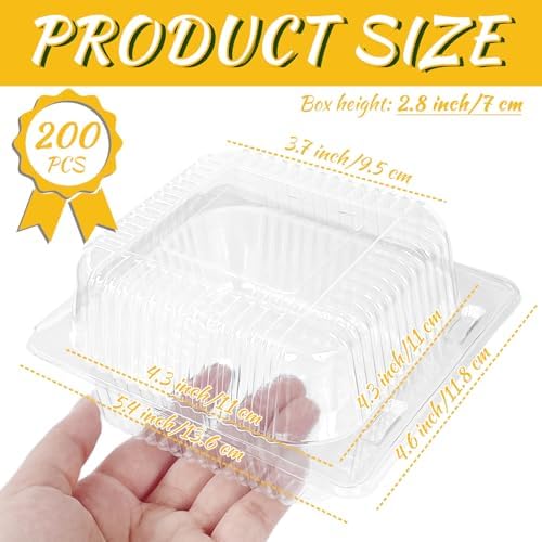 Qyyiguf 200 PCS Clear Plastic Square Hinged Containers,Disposable To Go Containers with Lids,Clamshell Food Containers for Sandwiches,Dessert,Cakes,Cookies,Salads,Pasta(5.3x4.7x2.8 In), 41wsdSDF