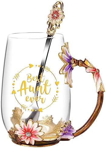 OEAGO Gifts for Aunt from Niece Nephew Tea Cup Cool Birthday Gift Enamel Flower Glass Mugs Christmas Mothers Day New Aunt Announcement Promoted