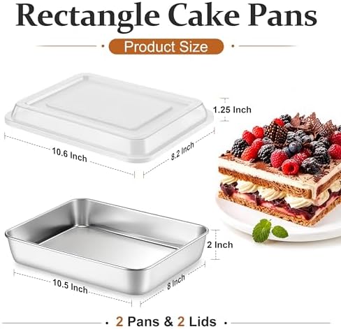 LIANYU 10 x 8 x 2 Inch Rectangular Baking Pan with Lid, 4 Pack Stainless Steel Sheet Cake Pan Set, Brownie Lasagna Bakeware for Kitchen Cooking, Dishwasher & Oven Safe (4 Pan +4 Lid)