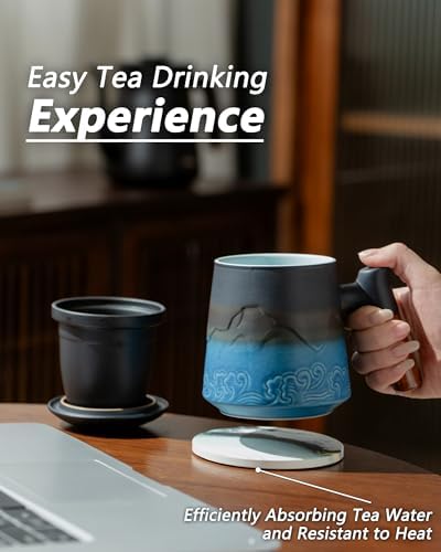 ZENS Tea Cup with Infuser and Lid & Coaster for Tea Steeper, 15oz Blue