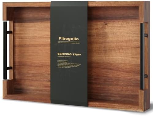 Fibogollo Acacia Wood Serving Tray with Metal Handles,15x10in Ottoman Decorative Trays Platter for Coffee Table,Living Room,Bar,Party(Medium)