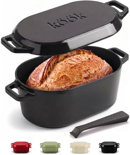 KooK Oval Dutch Oven, for Bread Baking, Sourdough Loaf Pan, with Lid, Dual Handles, Enameled Cast Iron, includes Lid Lever, Dishwasher Safe, 3.4 Qt, Black