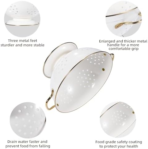 Metal Colander Set of 3, Strainer Basket with Handles perfect for Spaghetti, Pasta, Berry, Vegetable, Fruit, Solid Base Powder Coated Kitchen Essential Strainer Set, 1 & 3.5 & 5 Qt (Cream)