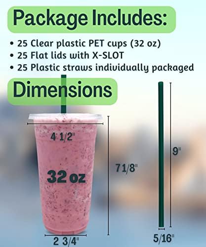 Cappatua 32 oz Clear Plastic Cups with Lids and STRAWS, Disposable Drinking Cups for Cold Drinks, Iced Coffee, Milkshakes, Smoothies, 25 Sets