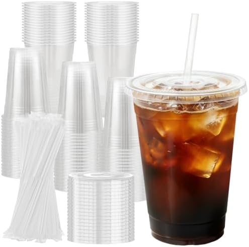 100 Pack 16 oz Disposable Plastic Cups with Lids and Straws
