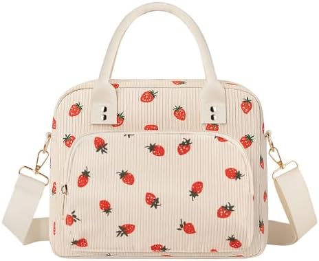 Lunch Bag Large Insulated Lunch Box for Women Adult Cute Beige Strawberry Lunchbox Corduroy Lunch Bags Boxes Pail with Shoulder Strap for Work Mom Picnic Office Travel 11.4×6.8×9.1 inches 11.5L