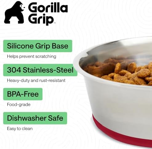 GORILLA GRIP Dog Bowl, Food Grade Stainless Steel Water Bowls, 4 Cup Red