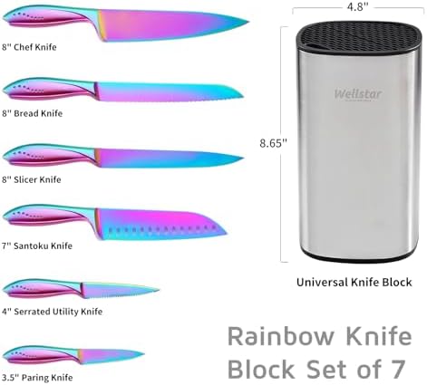 WELLSTAR Rainbow Knife Set - 7-Piece Iridescent German High-Carbon Stainless Steel Kitchen Knives with Universal Knife Block, Colorful Kitchen Cutlery for Cooking and Food Prep