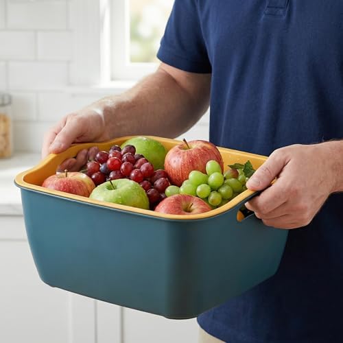 Jucoan 2 Pack 9 & 8 Quart Large Kitchen Strainer Colander Bowl Set, Double-Layer Plastic Fruits Vegetable Washing Basket, Drain Bowls for Cleaning Washing Mixing, Detachable (Blue, Orange)
