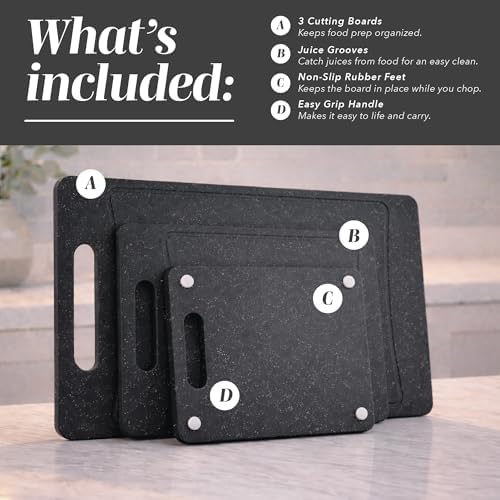 COOK WITH COLOR Non-Slip Cutting Board Set – Kitchen Essentials with Easy Grip Handle for Meat, Veggies, and Fruits, 3 Cutting Boards, Speckled Black