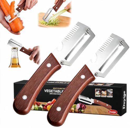 3-in-1 Vegetable Peeler with Scallion Shredder & Bottle Opener, Professional Stainless Steel Potato Peeler with Ergonomic Wood Handle, Rust-Resistant & Heavy Duty Kitchen Tool (2)