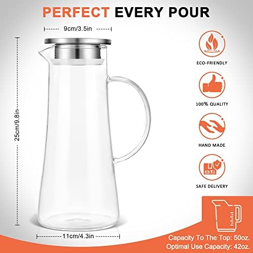 SUSTEAS 1.5L/51oz Glass Pitcher with Lid and Handle,Carafe for Hot/Cold