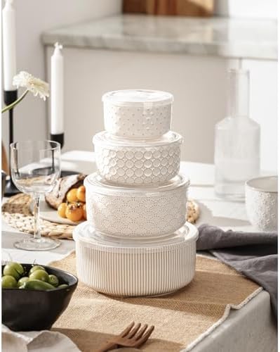 Serving Bowls with Lids, Ceramic Mixing Bowls Set of 4, Off-White