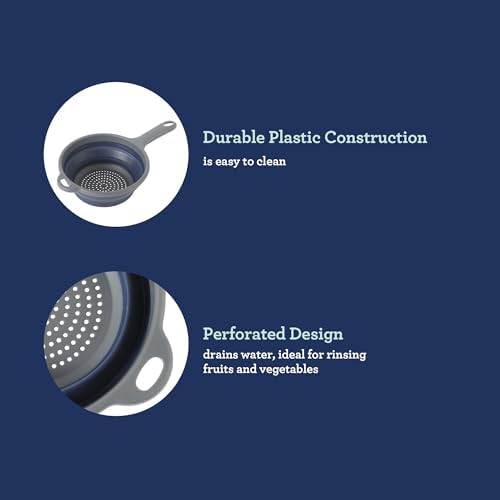 Oster Bluemarine Foldable Handled Strainer – 7-Inch Collapsible Colander for Pasta, Veggies, Fruits, Compact Kitchen Tool, Dishwasher Safe, Blue/Grey