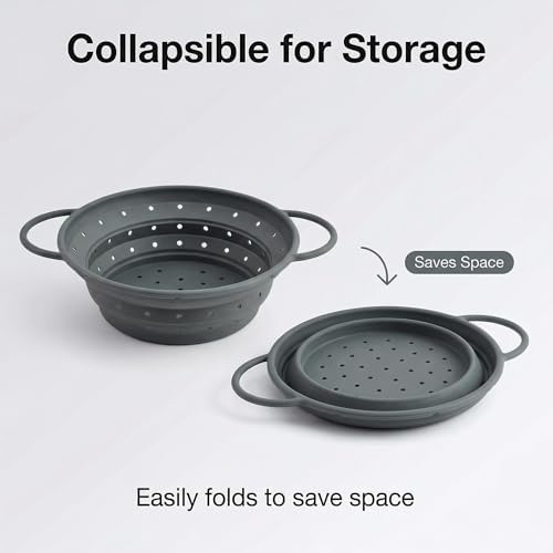 Collapsible Silicone Colander with Handles, Round Strainer with Stainless Steel Rim, Space Saving Kitchen Tool for Fruits & Vegetables,BPA-Free,Heat-Resistant Pasta Drainer(Gray, S+L)