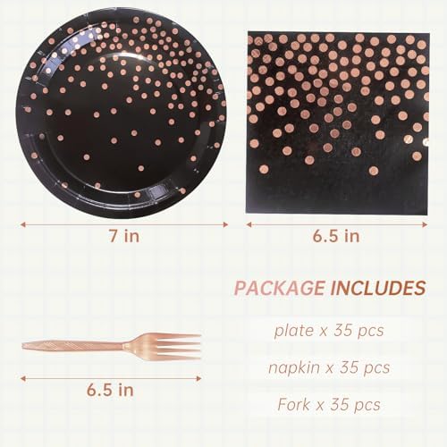 Serve 35 Guests Black and Rose Gold Paper Plates and Napkins Party Supplies