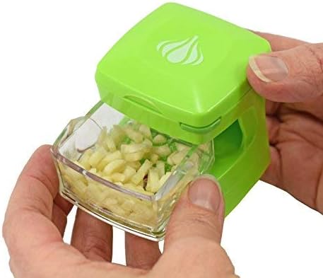 Garlic-A-Peel Garlic Press, Crusher, Cutter, Mincer, and Storage Container - Includes Silicone Garlic Peeler - Easy to Clean - Stainless Steel Blades – (Green), standard