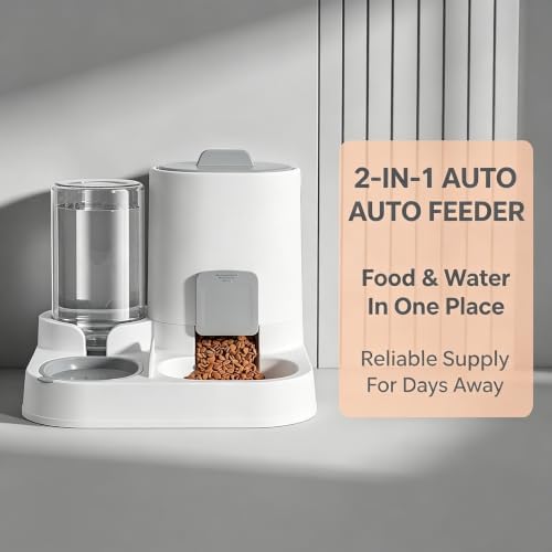 2-in-1 Automatic Pet Feeder, 1600ml Food Dispenser with 800ml Water Dispenser for Cats and Dogs, Going Out at Home (Grey)