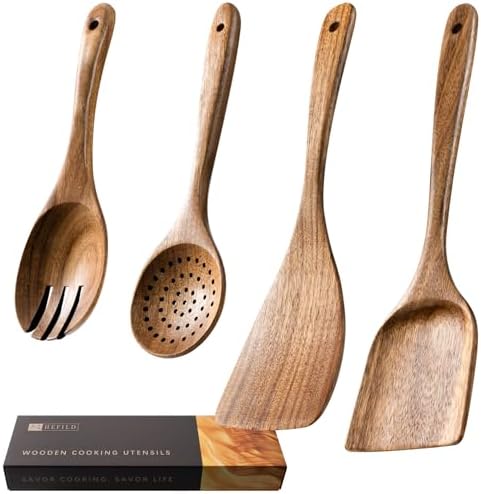 Wooden Spoons for Cooking, 4-Piece Acacia Wood Cooking Utensil Set
