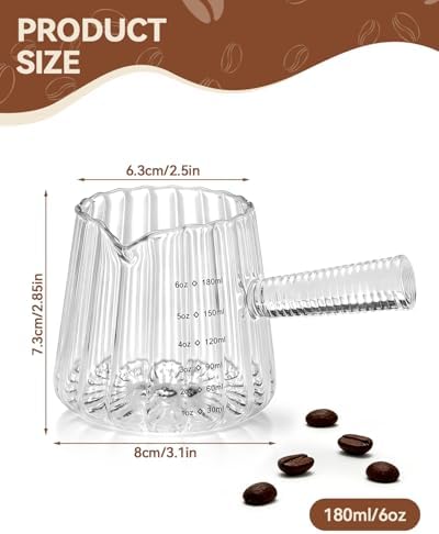 2 PCS Espresso Measuring Cup 6 Oz, Espresso Glass Cups with Glass Handle, Milk Frothing Cup, Espresso Cup for Coffee, Milk, Tea or Maple Syrup Serving (Pure Transparent Color)