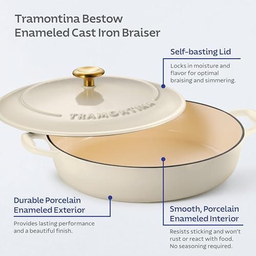 Tramontina Bestow Enameled Cast Iron 4-Qt Braiser Pan with Lid, Latte