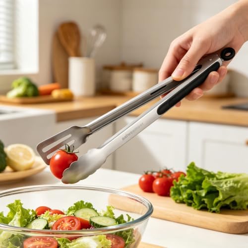 Grill Tongs,Metal Tongs,16 & 12 Inch Heavy Duty Extra Long Stainless Steel Locking Kitchen Tongs,Integrated Tongs‑Spatula Design，Perfect for Cooking, Grilling, Barbecue/BBQ, Buffet, Set of 2