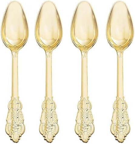 WDF 100 Piece Gold Plastic Spoons Disposable - 6.93 Inch Baroque Gold Spoons Plastic Silverware for Dessert Cake - Heavy Duty for Party Wedding Daily Using Baby Shower Spring
