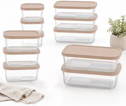 Glass Food Storage Containers with Lids - 22 Piece - 10.5 oz, 17.6 oz, 25.4 oz & 57.5 oz Sets Glass with BPA-Free Leak Resistant Stackable Lids - Microwave, Oven & Dishwasher Safe - Cashew Cream
