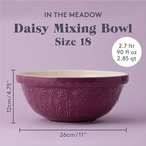 Mason Cash In the Meadow S18 Mixing Bowl, 2.85 Quart Mixing Bowl, Embossed Floral Daisy Design, Durable Ceramic Bowl for Baking Bread Dough, Cake Batter, Cookies & Kitchen Serving Bowl