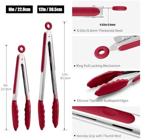 Doosu Kitchen Tongs with Silicone Tips for Cooking Serving (9+12in, Red)