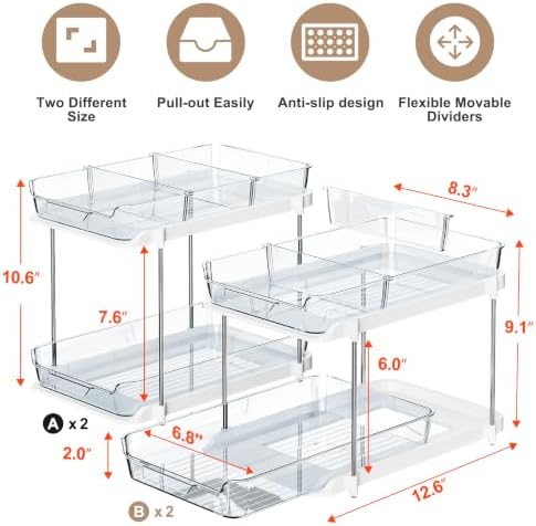 Delamu 2-Tier Multi-Purpose Bathroom Under Sink Organizers and Storage, Stackable Kitchen Pantry Organization, Pull Out Medicine Cabinet Organizer with Movable Dividers, Blue, 4 Pack