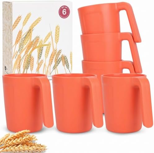 Wrova 16oz Wheat Straw Cups with handles set of 6-Plastic Cups Reusable-Unbreakable Kids Mugs-Dishwasher Safe & Microwave Safe-Ideal Plastic Mugs for Tea,Coffee,Camping,RV-Orange