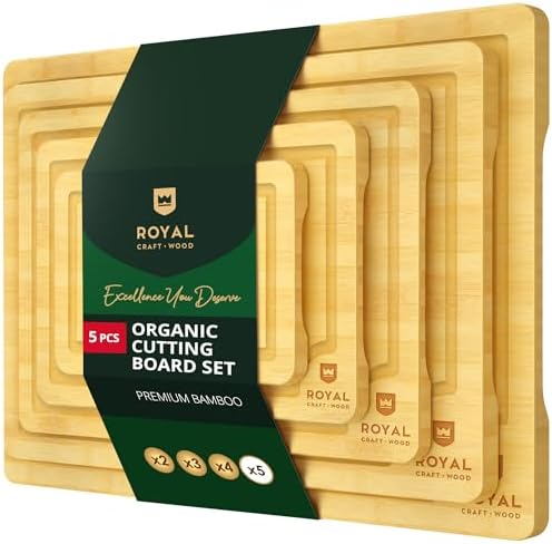 ROYAL CRAFT WOOD Wooden Cutting Boards for Kitchen Meal Prep & Serving - Bamboo Wood Serving Board Set with Deep Juice Groove Side Handles - Charcuterie & Chopping Butcher Block for Meat