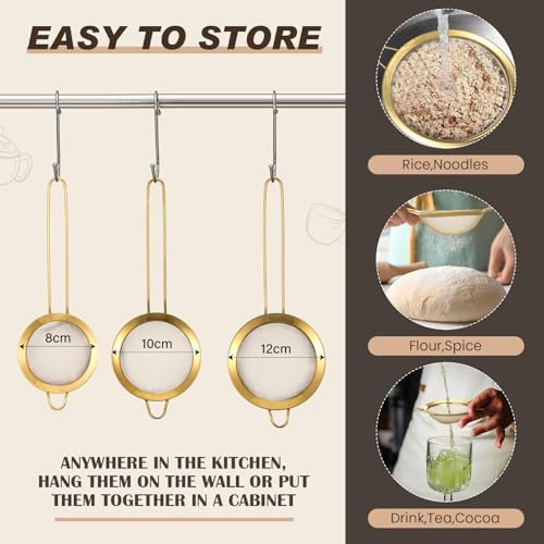 Norme 3 Quart Gold Colander and 3 Metal Fine Mesh Strainer Set