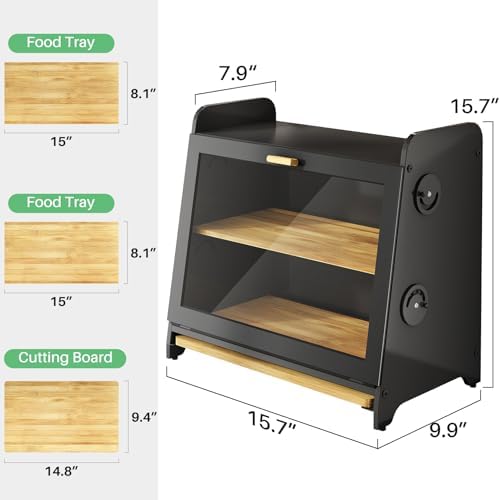 SNTD Airtight Bread Box for Kitchen Countertop, Bamboo Cutting Board, Black