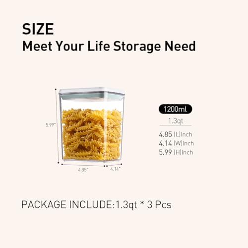 Airtight Food Storage Containers,1.3Qt 3Pcs Pop Food Containers with Lids, Stackable One Button Opening Kitchen Pantry Organizers and Storage, BPA-Free Food Containers Set for Snacks Candy Spices