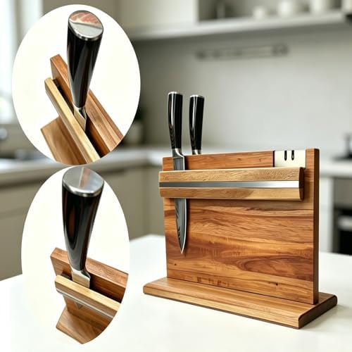 Solid Acacia Wood Magnetic Knife Holder with Stainless Steel Sharpener, Double-Sided Knife Display Stand for Stylish Kitchens, Cooking Enthusiasts and Gifts