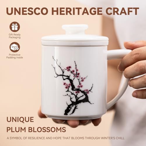 Ceramic Tea Mug with Infuser & Lid - 14oz Loose Leaf Tea Cup with Infuser,Hand-Painted Plum Blossom - Resilience & Elegance,Insulated Ceramic Coffee Mugs with Lid, Gift Set for Women/Men